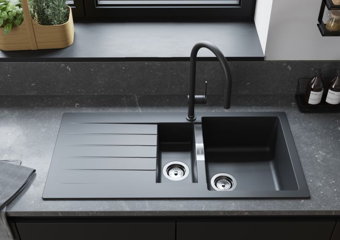 Мойка кухонная Hansgrohe S52, гранит, прямоуг., с крылом, 980х480х190мм, чаша - 1.5, врезная, серый камень