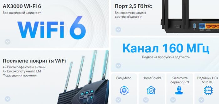 Маршрутизатор TP-LINK ARCHER AX55 PRO AX3000, 3xGE LAN, 1xGE WAN/LAN, 1x2.5GE WAN/LAN, 1xUSB 3.0, MESH