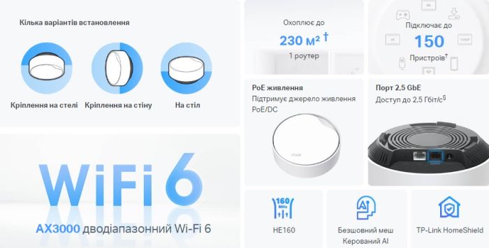Система WiFi-Mesh TP-LINK Deco X50 AX3000, 1xGE LAN/WAN, 1x2,5GE LAN/WAN, 2мод, PoE