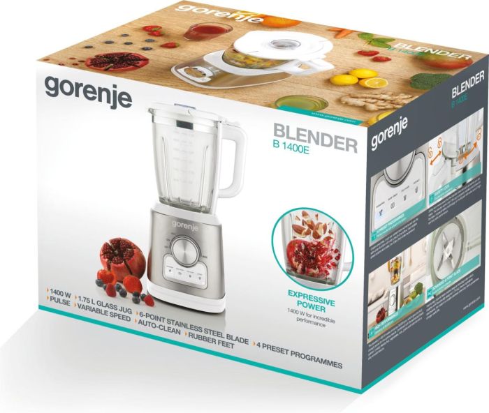 Блендер Gorenje стаціонарний 1400Вт, чаша-1750мл, скло, білий