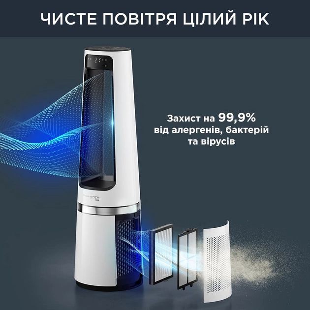 Очищувач повітря Rowenta вен-тор+об-вач Eclipse 3IN1, 35м2, 107м3/год, пульт ДК, дисплей, HEPA фільтр, 12 рів. шв-сті, білий