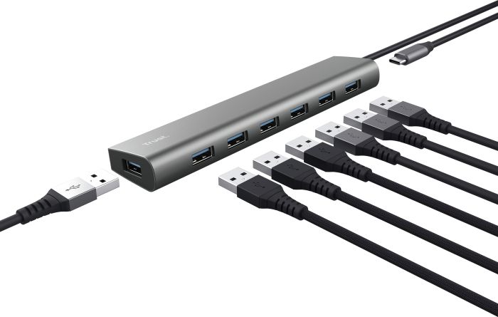 Хаб Trust Halyx 7-IN-1 USB-A > 7xUSB-А 3.2, Алюминий, 0.8м, Черный