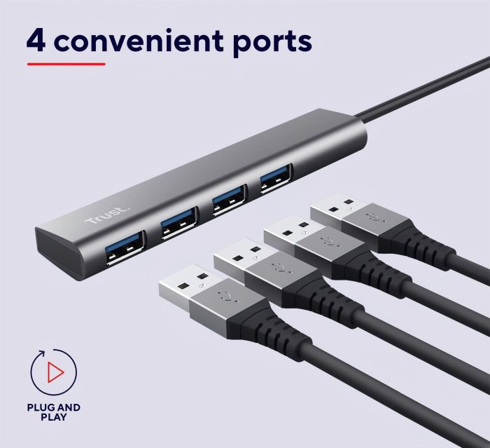 Хаб Trust Halyx USB-A > 4xUSB-А 3.2, Алюминий, 0.1м, Серый