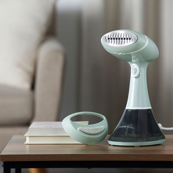 Отпариватель Russell Hobbs компактный Steam Genie Essential, 1600Вт, 220мл, паровой удар -22гр, постоянный пар - 9гр, нерж. сталь, бирюзовый