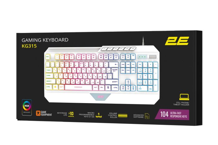 Клавиатура мембранная 2E GAMING KG315 110key, USB-A, EN/UA, RGB, белый