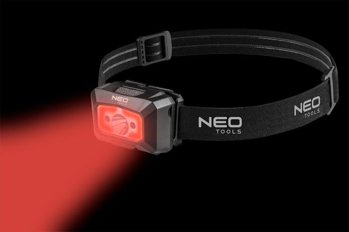 Фонарь налобный аккумуляторный Neo Tools, 1200мА•ч, 250лм, 3Вт, 5 функций освещения, красный свет, датчик движения, индикатор заряда