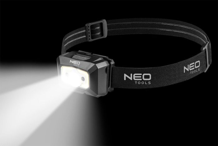 Фонарь налобный аккумуляторный Neo Tools, 1200мА•ч, 250лм, 3Вт, 5 функций освещения, красный свет, датчик движения, индикатор заряда