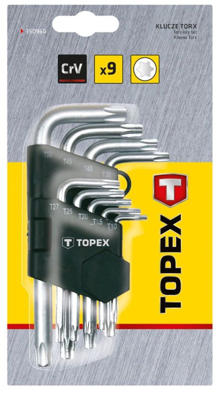 Ключи Torx TOPEX, набор 9шт, короткие, CrV, T10-T50