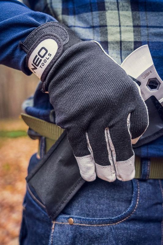 Перчатки рабочие Neo Tools, свиная кожа, фиксация запястья, р.8, черно-белый