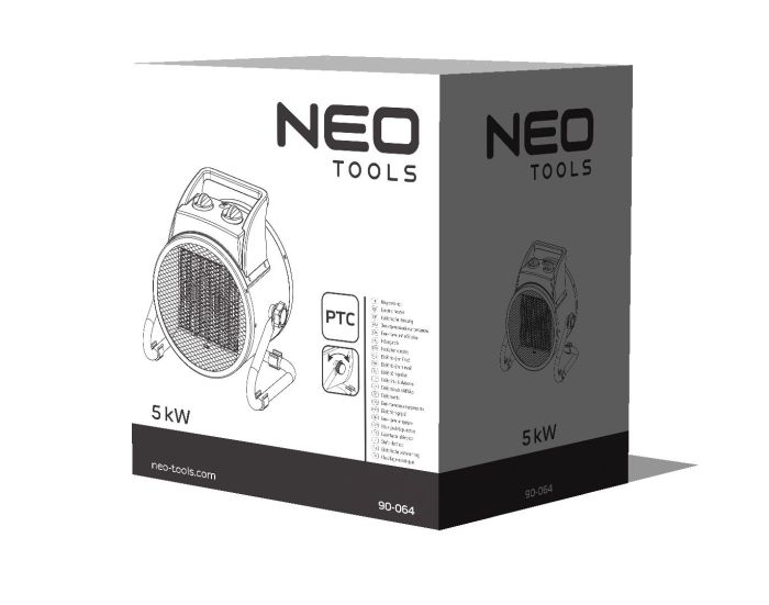 Тепловая пушка электрическая Neo Tools, 5кВт, 80м кв, 588м куб/ч, 380В, керамический нагревательный элемент (PTC), чёрный
