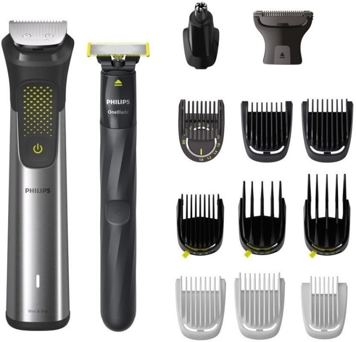 Тример Philips Series 9000, акум., насадок-15, OneBlade в компл., сталь, сірий