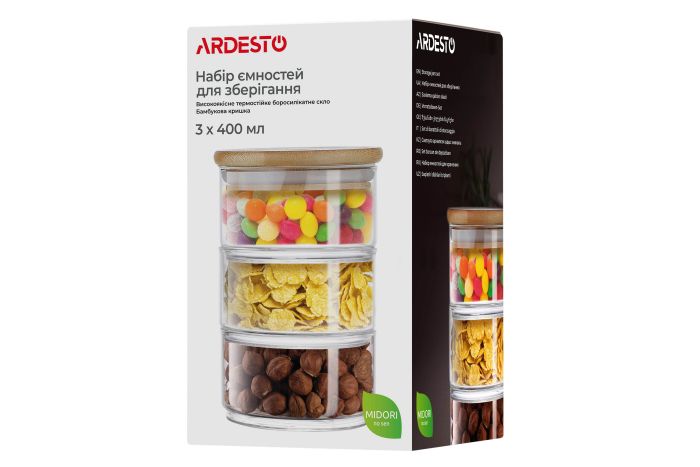 Набор емкостей для хранения Ardesto Midori, 3х400мл, боросиликатное стекло, бамбук, прозрачный