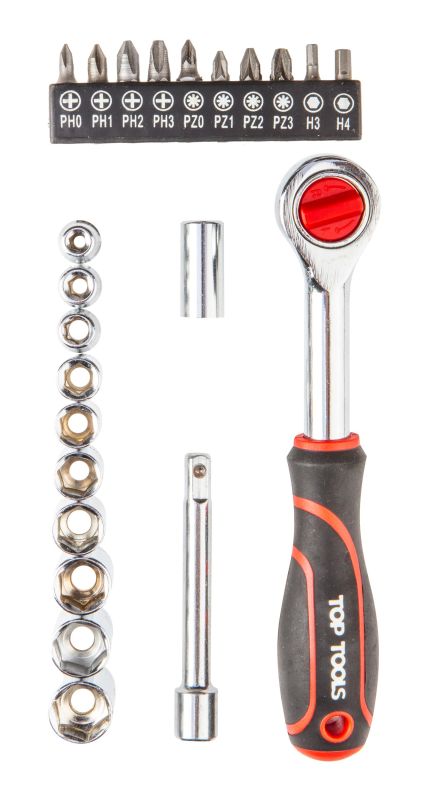 Набір торцевих головок та біт Top Tools, 1/4", 23шт, з тріскачкою