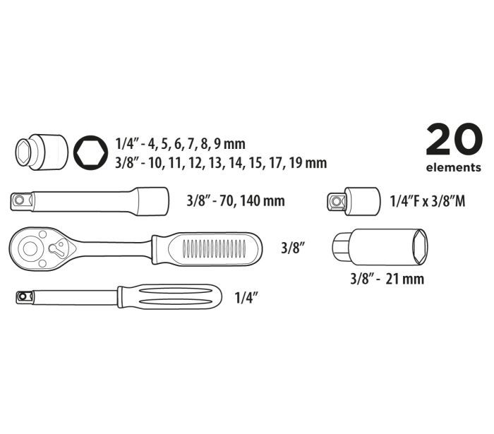 Набір інструментів Top Tools, набір торцевих головок 1/4", 3/8", 20шт
