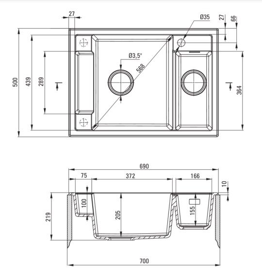 Мийка кухонна Deante Magnetic, граніт, прямокут., з крилом, 690х500х219мм, чаша - 1.5, врізна, антрацит
