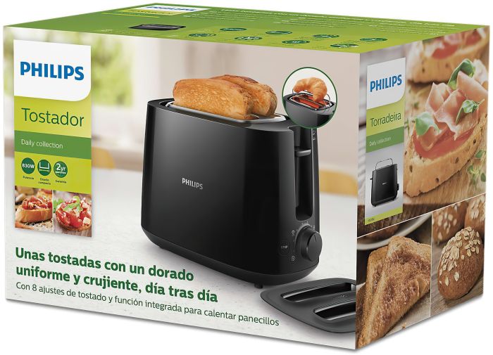 Тостер Philips Daily Collection 830Вт, крышка от пыли, пластик, черный