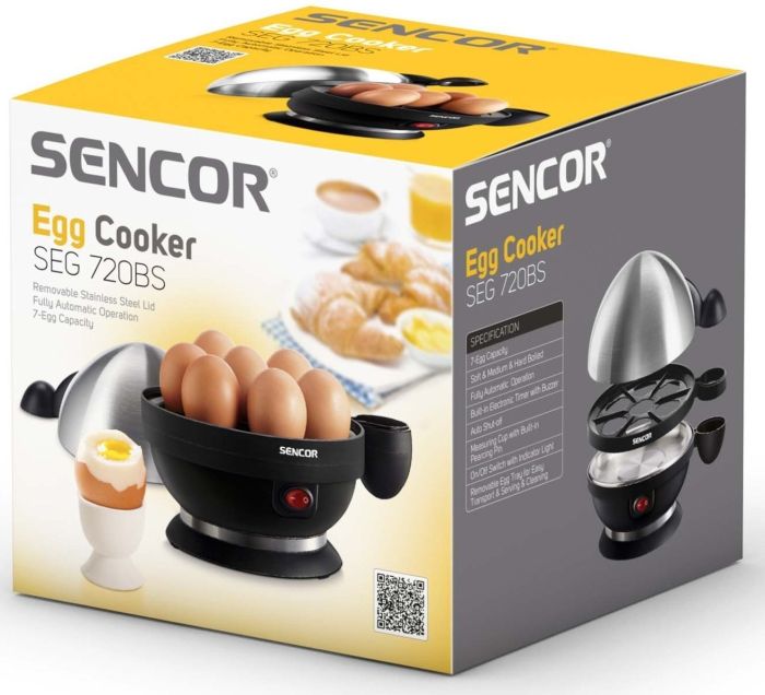 Яйцеварка Sencor, 380Вт, механическое управл., 3 режима готовки, на 7 яиц, нержав.сталь, платик, чорний