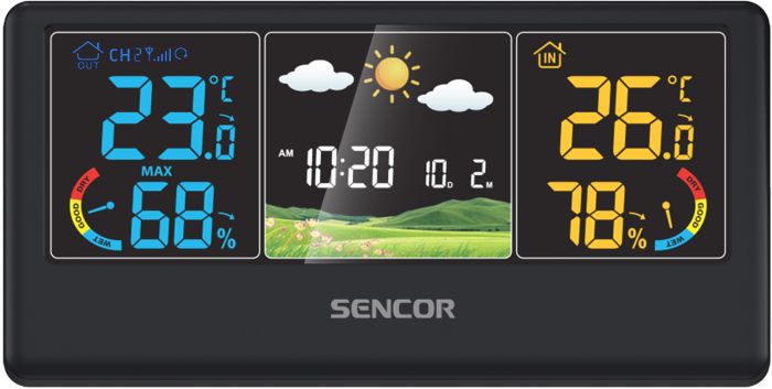 Метеостанція Sencor, внутр/зовн вимірювання, від мережі/АААх3+ААх2, темп-ра, вологість, час, прогноз погоди, чорний