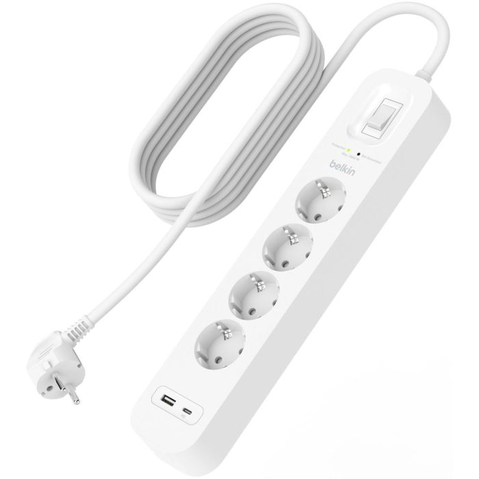 Удлинитель-фильтр сетевой Belkin 4хТип F, 3x1.5мм кв, 16А, USB-A/USB-C 18Вт, защитой от перенапряжения, 2м, белый