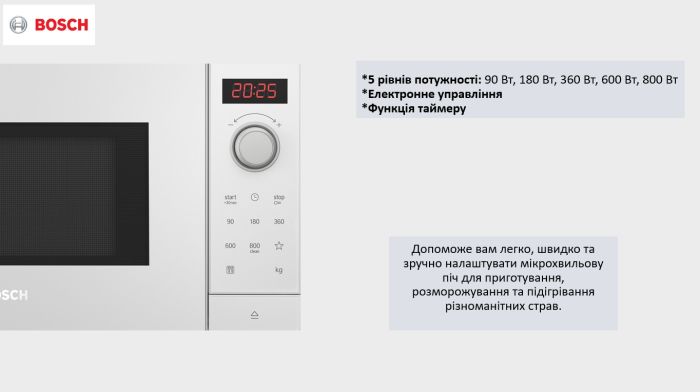 Мікрохвильова піч Bosch, 20л, електр. керув., 800Вт, білий