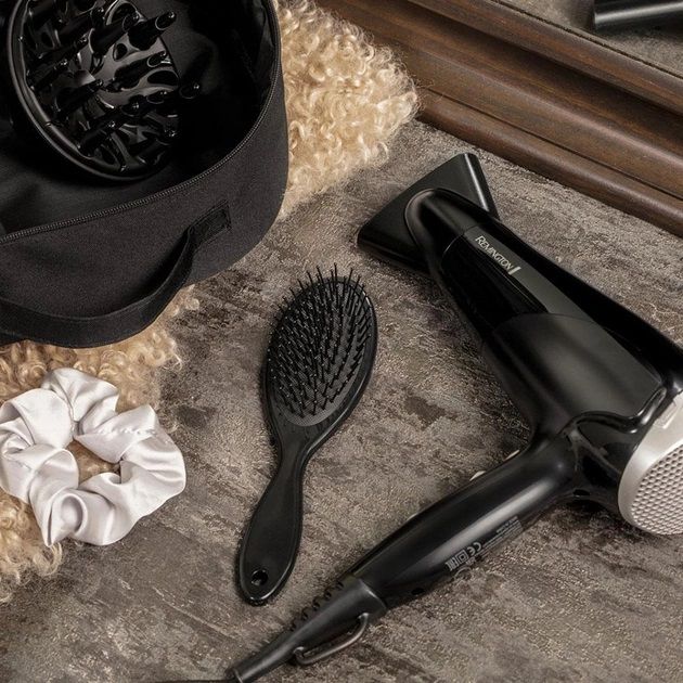 Фен Remington Style Edition, 2200Вт, 3 режими, іоніз-я, хол. обдув, дифузор, гребінець, резинка, кейс, чорно-сірий