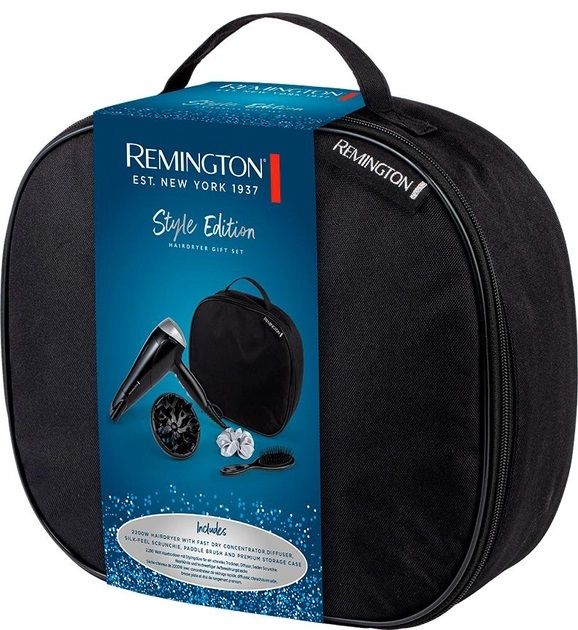 Фен Remington Style Edition, 2200Вт, 3 режими, іоніз-я, хол. обдув, дифузор, гребінець, резинка, кейс, чорно-сірий