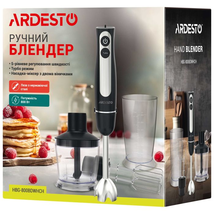 Блендер Ardesto заглибний 800Вт, 3в1, чаша-600мл, чопер-500мл, чорно-сріблястий