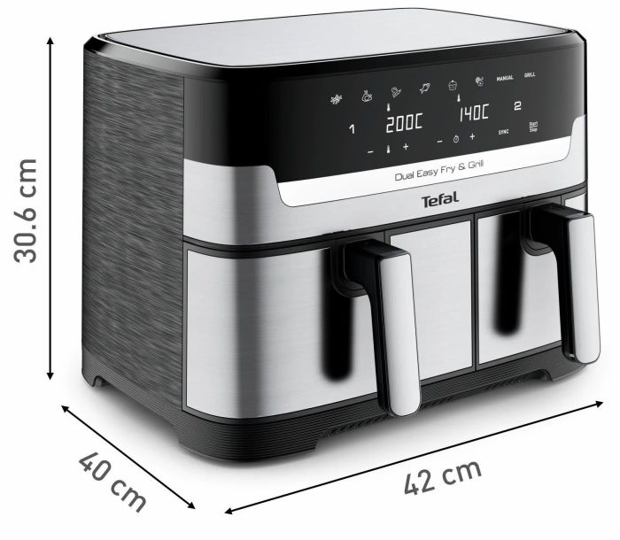 Мультипечь Tefal Dual EasyFry&Grill AirFryer, 2700Вт, чаша-5.2/3.1л, сенсорное управл., 2 чаши, гриль, пластик, серо-черный