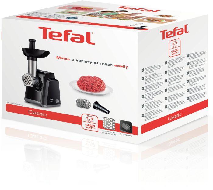 Мясорубка Tefal Classic, 1400Вт, 1.7кг/мин, 2 решетки, насадка для колбас, пластик, черный