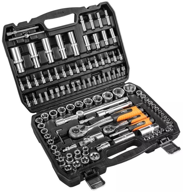 Набір інструментів Neo Tools, набір торцевих головок, 108шт, 1/2", 1/4", CrV, кейс