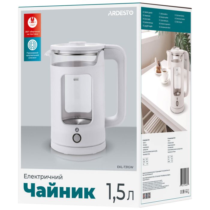 Электрочайник Ardesto 1.5л, стекло+пластик, белый