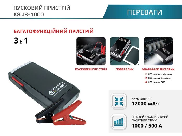Пусковое устройство портативное Konner&Sohnen KS JS-1000, 12000мА·ч, 500А/1000А, 0.95кг