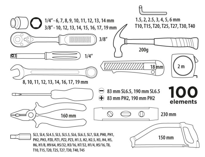 Набір інструментів Top Tools, 1/4", 3/8", 100шт, універсальний