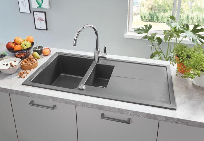 Мийка кухонна Grohe K400, граніт, прямокут., з крилом, 1000x500x205мм, чаша - 2, врізна, чорний граніт