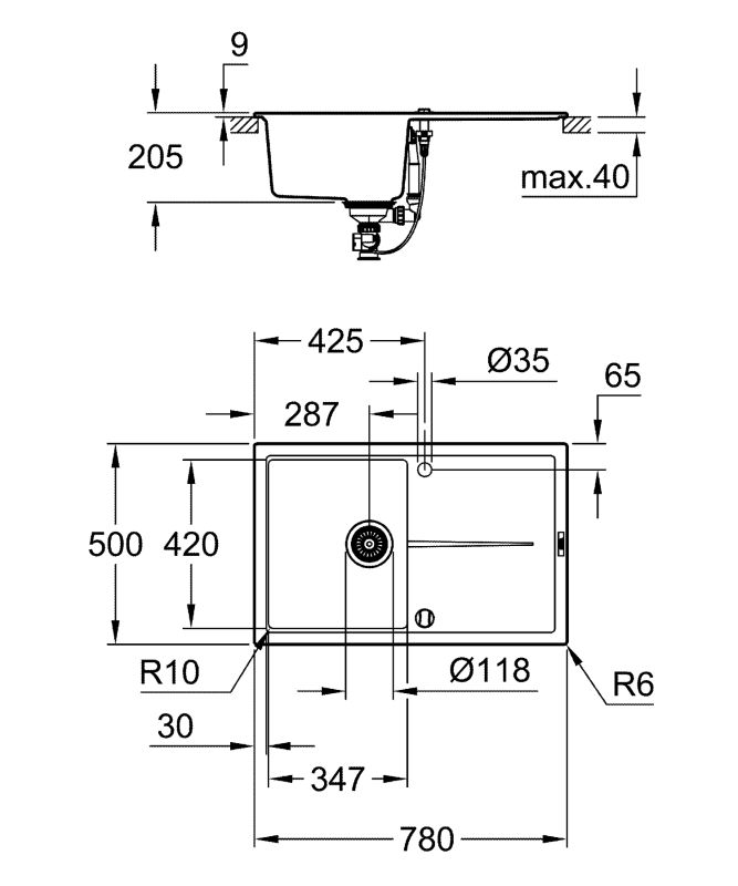 Мойка кухонная Grohe K400, гранит, прямоуг., с крылом, 780x500x205мм, чаша - 1, врезная, черный гранит