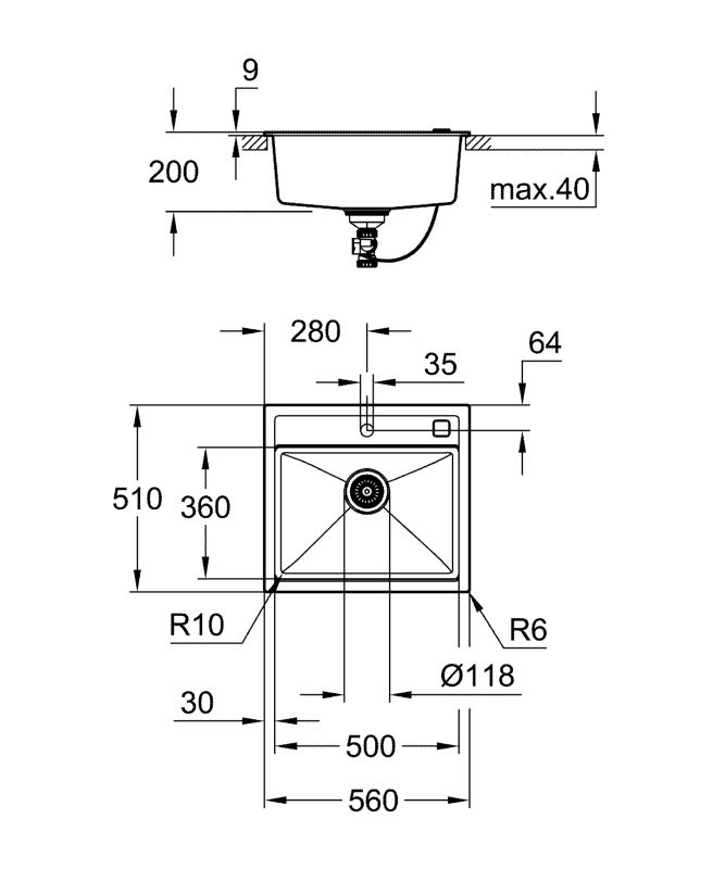 Мийка кухонна Grohe K700, граніт, прямокут., без крила, 560x510x200мм, чаша - 1, врізна, чорний граніт