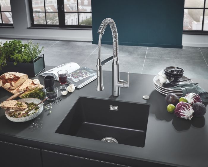 Мийка кухонна Grohe K700U, граніт, прямокут., без крила, 457x406x203мм, чаша - 1, врізна/під стільницю, чорний граніт