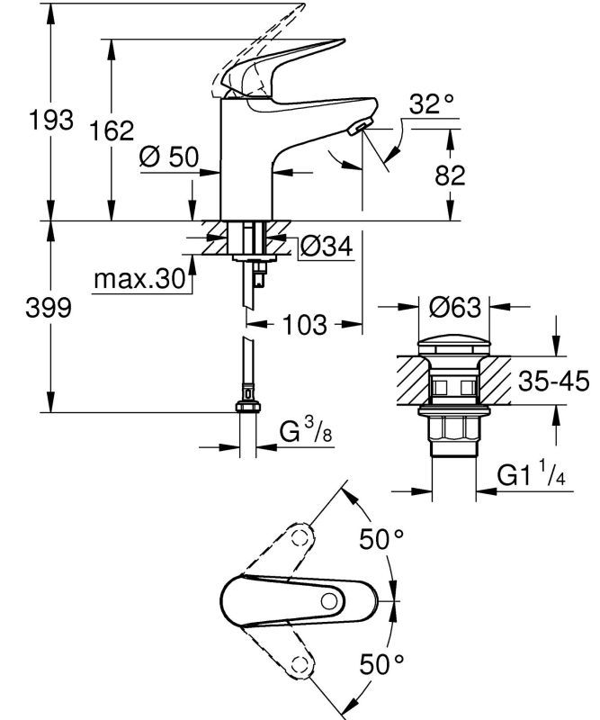 Змішувач для раковини Grohe QuickFix Swift S  довж. виливу - 103мм, неповоротний, 1 важіль, хром