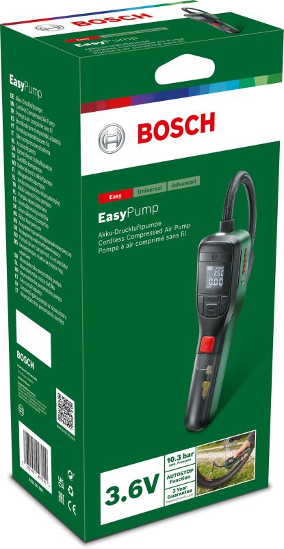 Автомобильный компрессор аккумуляторный Bosch EasyPump, 3.6 В, 3 Ач, 10.3 бар, 10 л/мин, 0.4кг