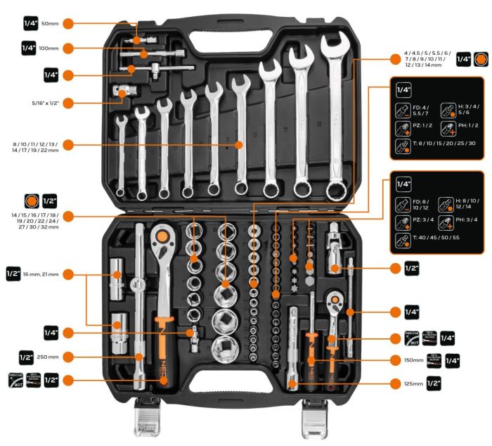 Набор инструмента Neo Tools, 82шт, 1/2", 1/4", CrV, кейс