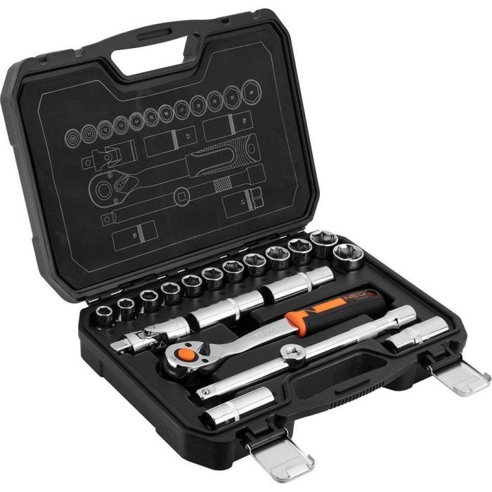 Набор инструмента Neo Tools, набор торцевых головок, 20шт, 1/2", трещотка 90 зубцов, CrV, кейс