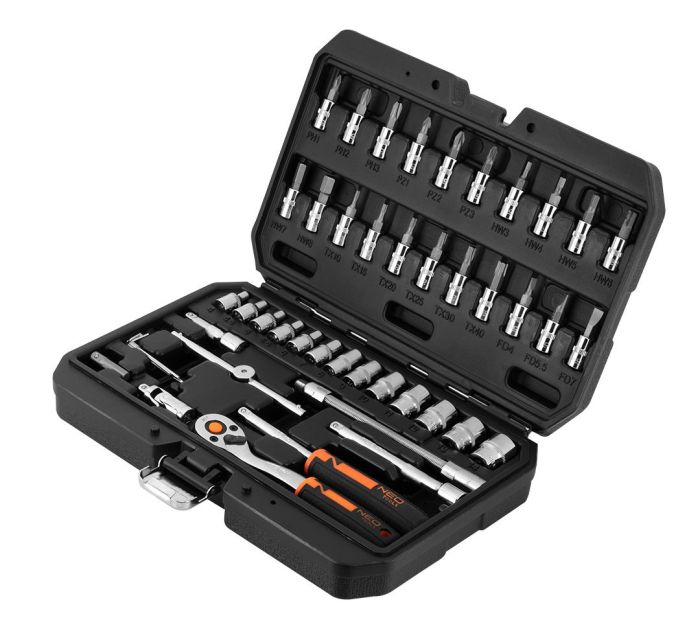 Набір інструментів Neo Tools, набір торцевих головок, 46шт, 1/4", CrV, кейс