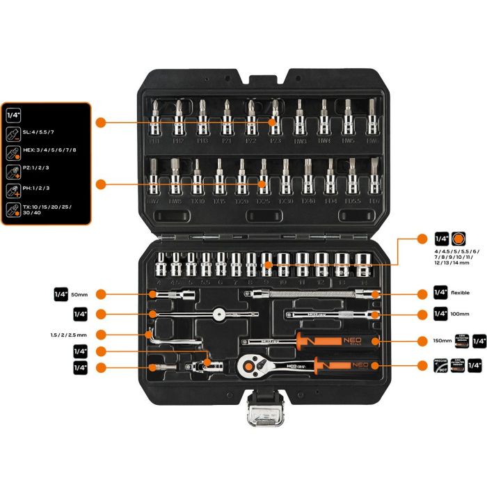Набір інструментів Neo Tools, набір торцевих головок, 46шт, 1/4", CrV, кейс