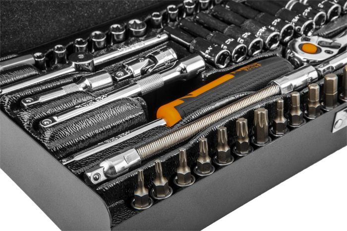 Набір інструментів Neo Tools, набір торцевих головок, 63шт, 1/4", CrV, металевий кейс