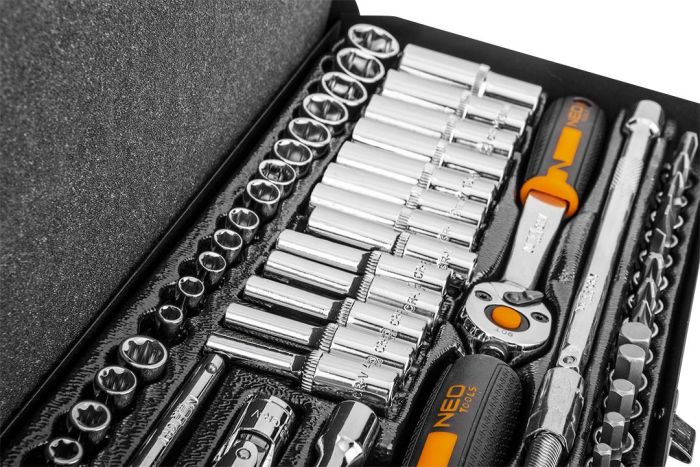 Набір інструментів Neo Tools, набір торцевих головок, 63шт, 1/4", CrV, металевий кейс