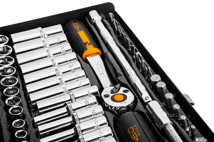 Набір інструментів Neo Tools, набір торцевих головок, 63шт, 1/4", CrV, металевий кейс