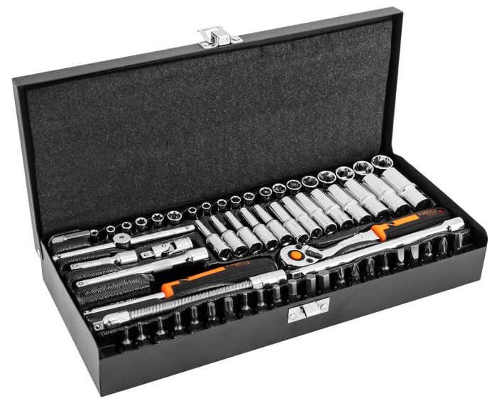 Набір інструментів Neo Tools, набір торцевих головок, 63шт, 1/4", CrV, металевий кейс