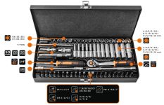 Набор инструмента Neo Tools, набор торцевых головок, 63шт, 1/4", CrV, металлический кейс