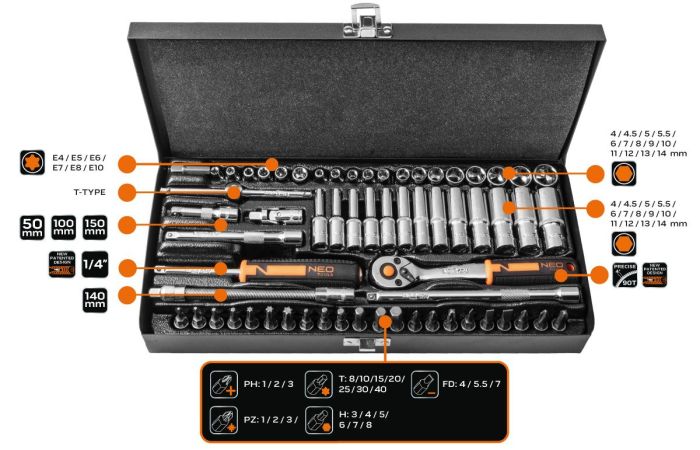 Набір інструментів Neo Tools, набір торцевих головок, 63шт, 1/4", CrV, металевий кейс