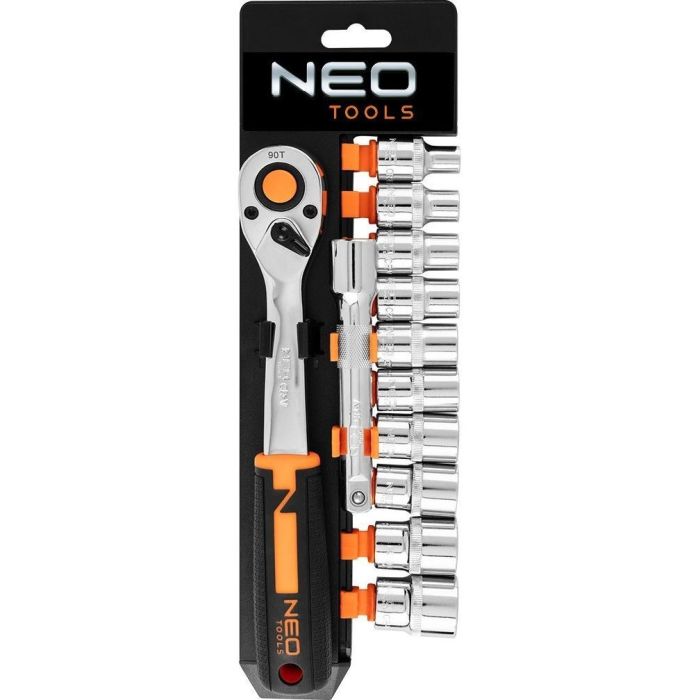 Набор торцевых головок Neo Tools, 12шт, 1/2", трещотка 90 зубцов, CrV